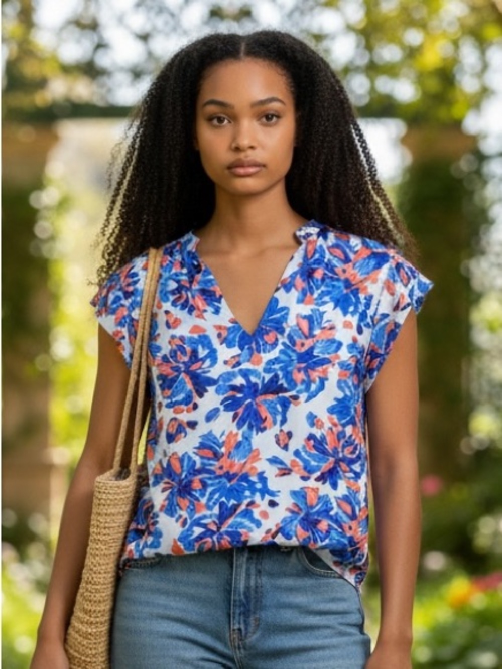 Floral V-Neck Cap Sleeve Top - Blue/Coral